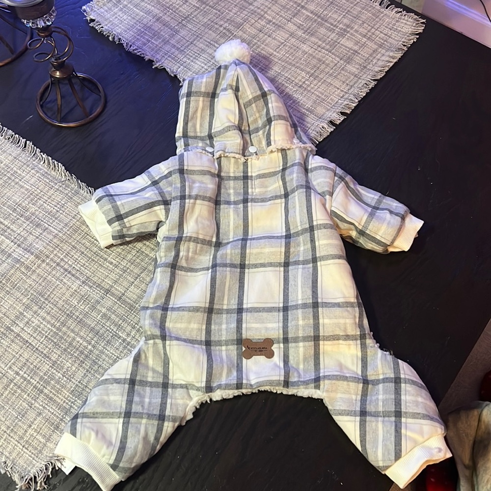 Koolaburra Plaid Cream and Gray Fleece-Lined Dog Jumpsuit with Hood
